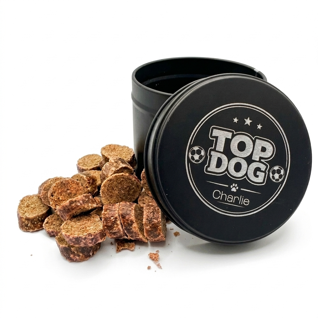 Black tin labeled 'Top Dog' with dog treats on a white background