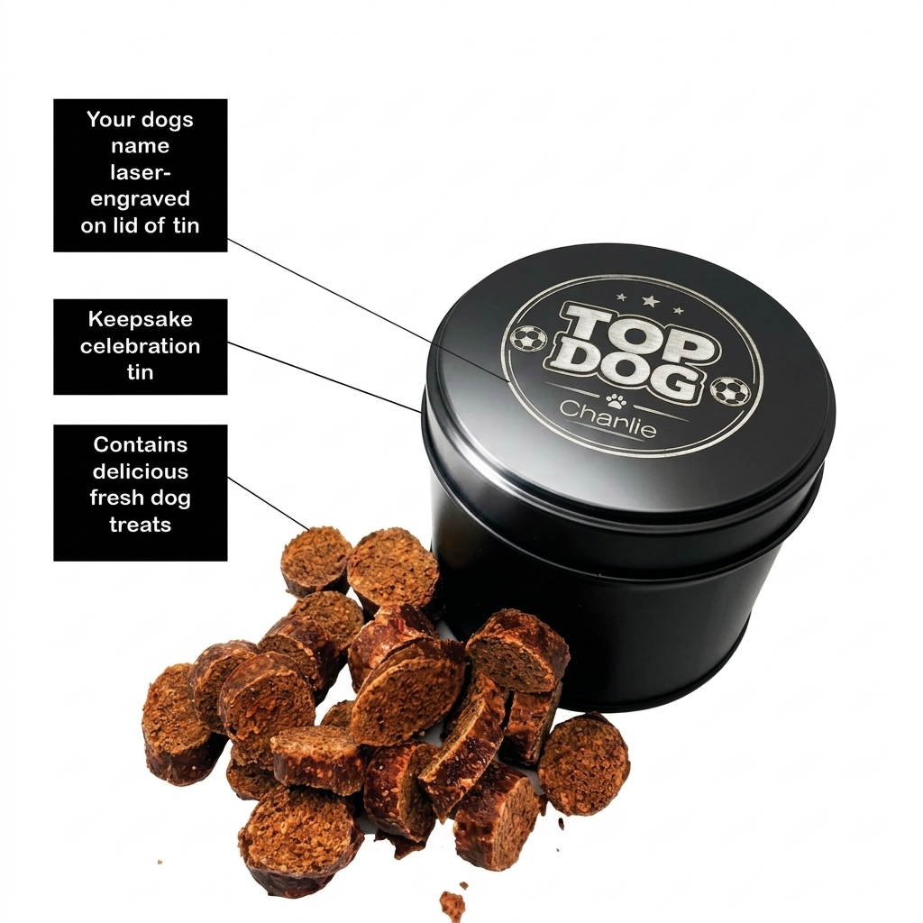 Black tin labeled 'Top Dog' with dog treats on a white background