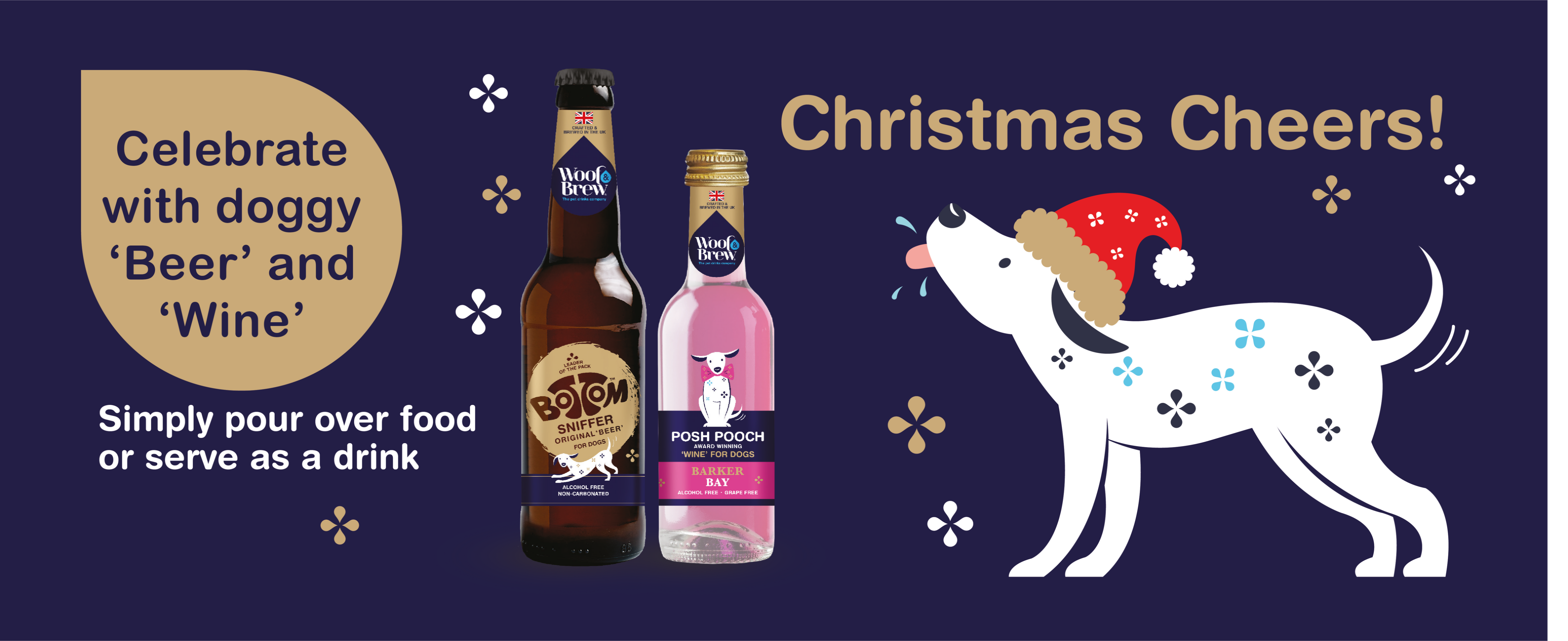 Two bottles of dog-themed 'beer' and 'wine' with a cartoon dog and text on a blue background.