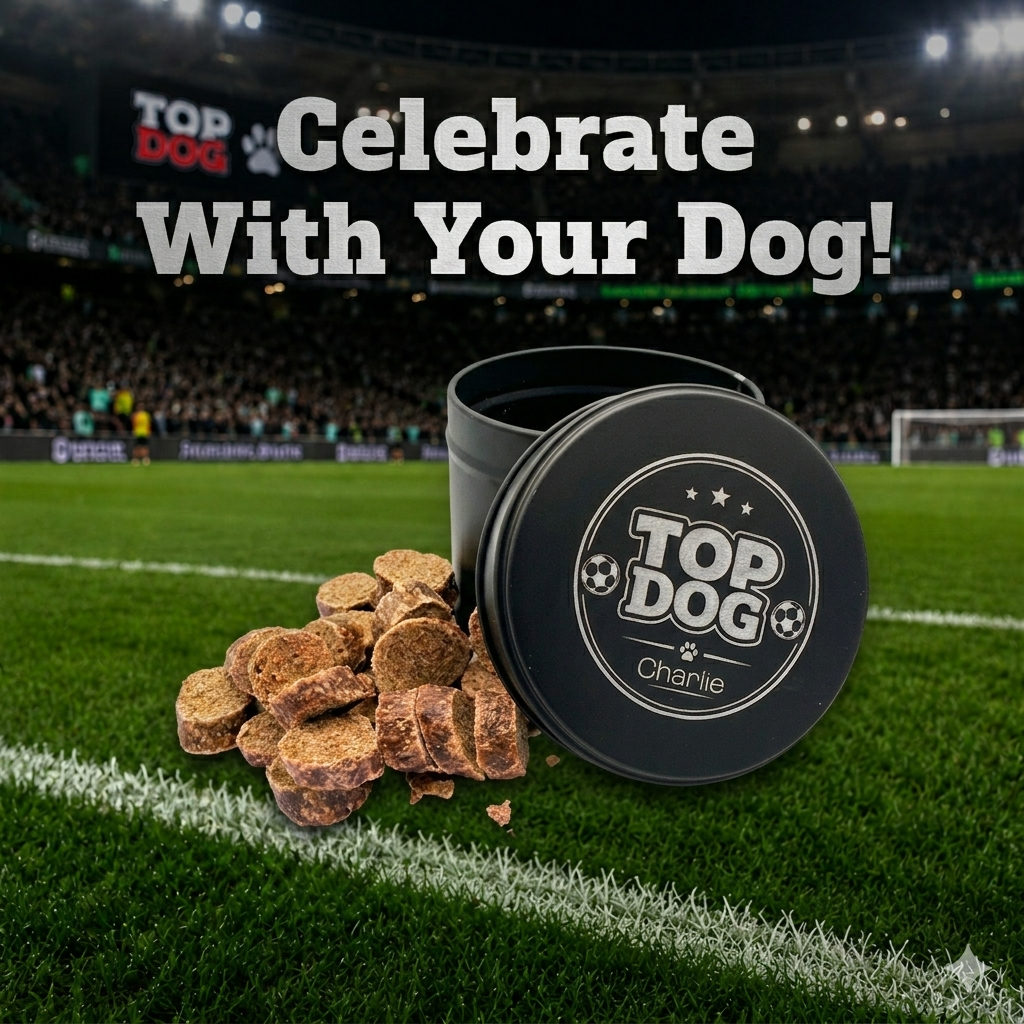 Top Dog Treats Tin in a football stadium